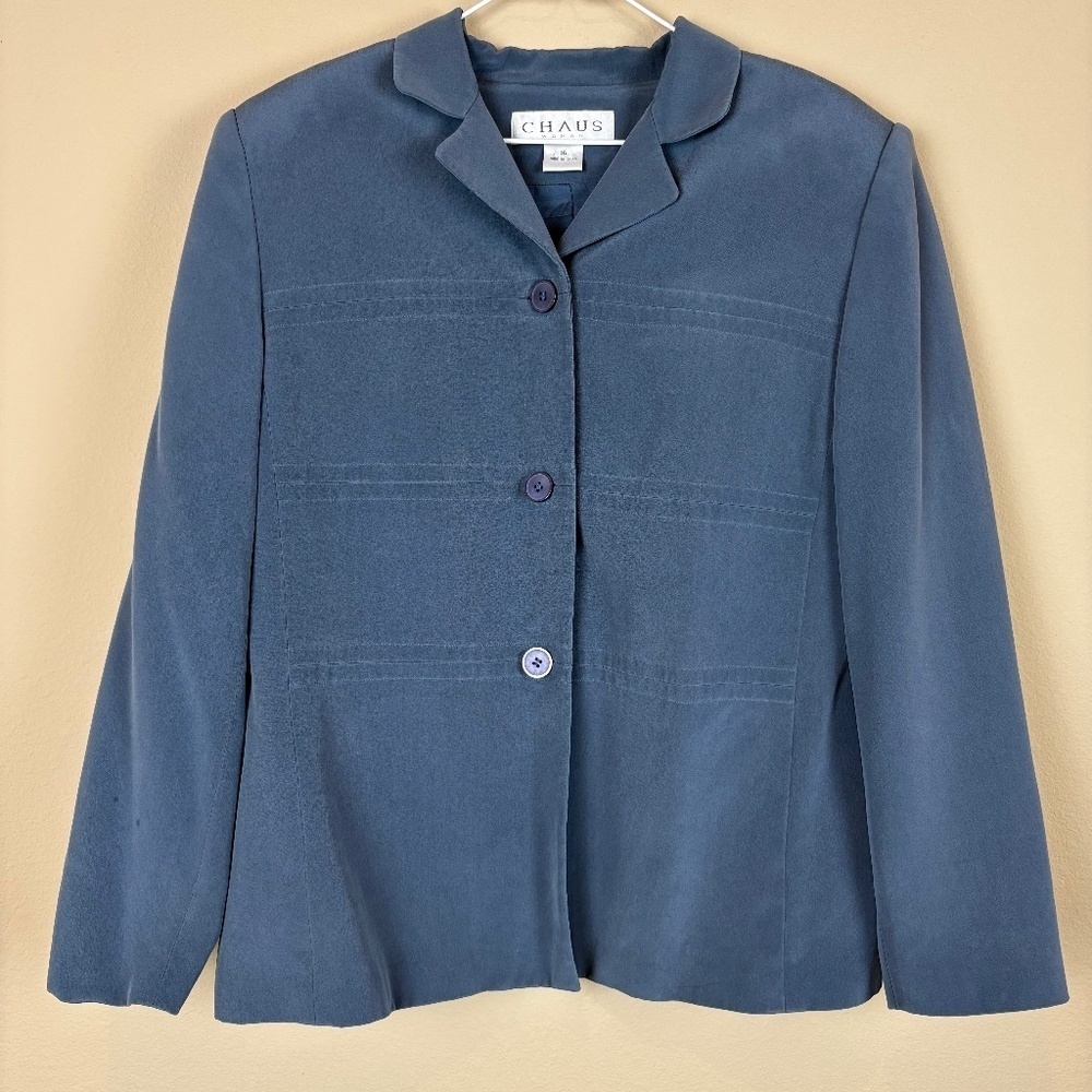Chaus Woman Blue Blazer/Pants Lined 2pc 100% Silk Suit; Size 16